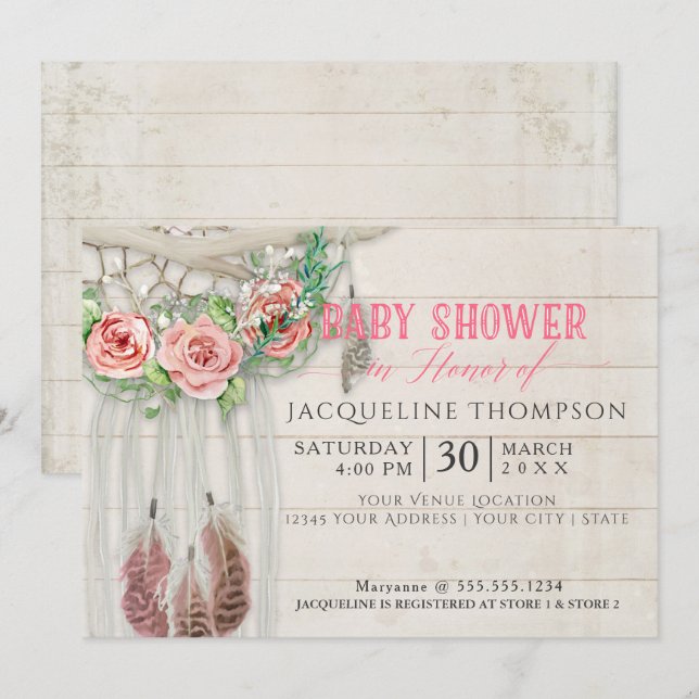 Baby Shower Girl BOHO Dream Catcher Shiplap Wood Inbjudningar (Fram/baksida)