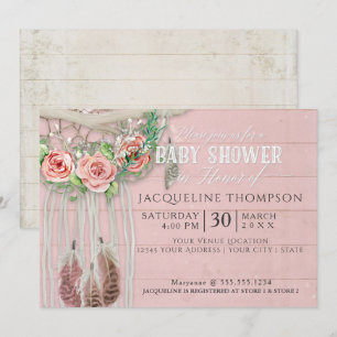 Baby Shower Girl BOHO Dream Catcher Wood Blommigt Inbjudningar