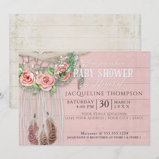 Baby Shower Girl BOHO Dream Catcher Wood Blommigt Inbjudningar (Fram/baksida)