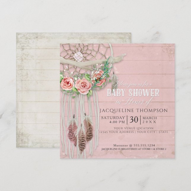 Baby Shower Girl BOHO Dream Catcher Wood Feather Inbjudningar (Fram/baksida)