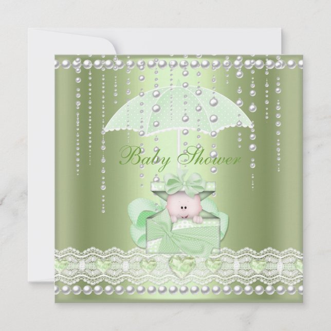 Baby Shower Girl Boy Baby Mint Umbrella Pearl Inbjudningar (Framsida)