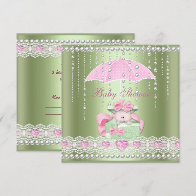 Baby Shower Girl Boy Baby Rosa Mint Umbrella Pearl Inbjudningar (Fram/baksida)