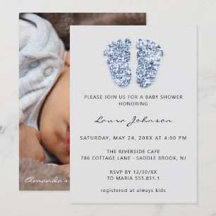Baby Shower Girl Boy Feet Glitter Photo Blue Grått Inbjudningar