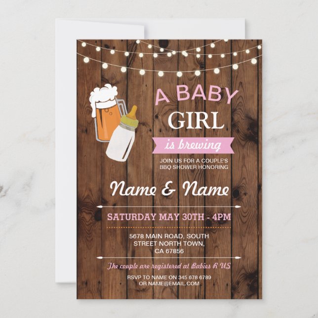 Baby Shower Girl Breing Beer Rosa BBQ Wood Inbjuda Inbjudningar (Framsida)