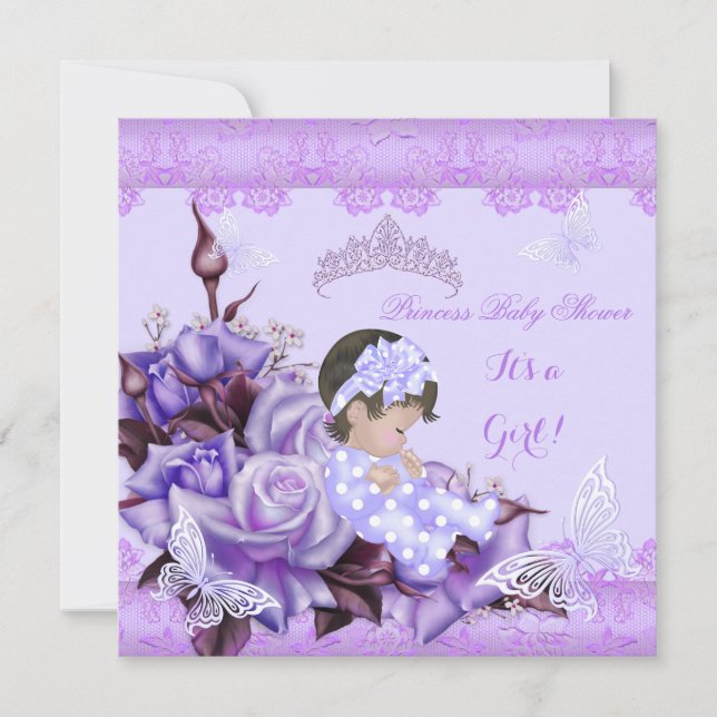 Baby Shower Girl Butterfly Lilac Brown HLED Baby Inbjudningar (Framsida)