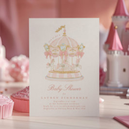 Baby Shower Girl Carousel Fairytale Bows Rosa Inbjudningar