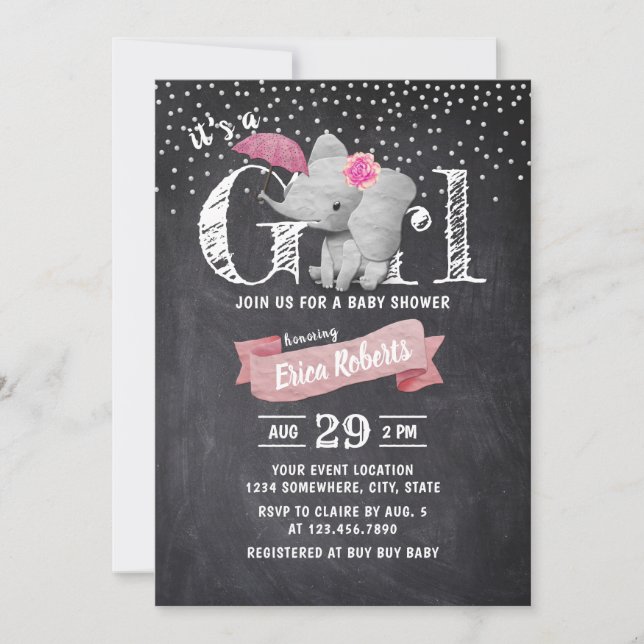 Baby Shower Girl Cute Elephant Rustic Chalkboard Inbjudningar (Framsida)