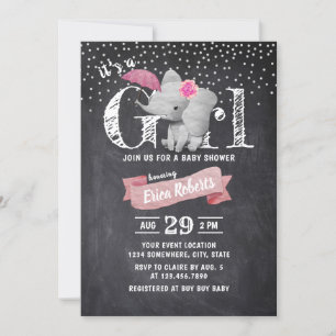 Baby Shower Girl Cute Elephant Rustic Chalkboard Inbjudningar