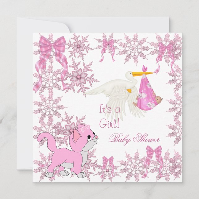 Baby Shower Girl Cute Kitten Stork Inbjudningar (Framsida)