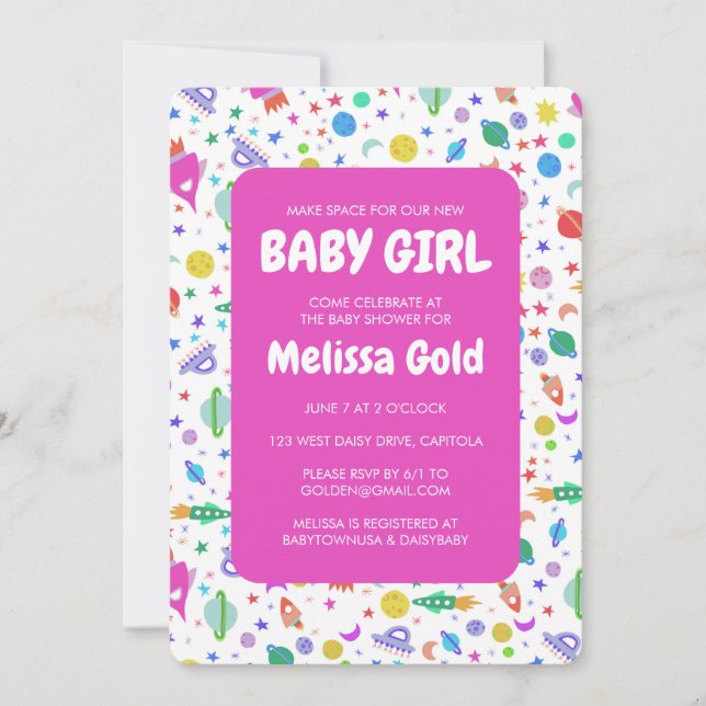BABY SHOWER GIRL Cute Space Rockets Mönster ANPASS Inbjudningar (Framsida)