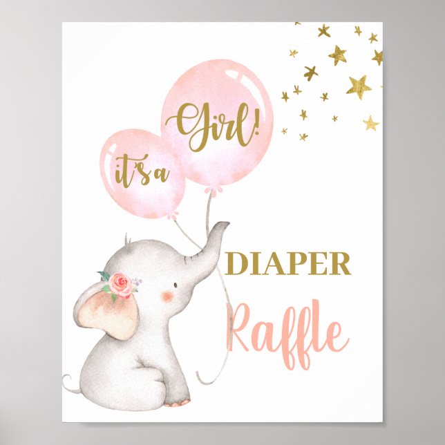 Baby Shower Girl Elephant Diaper Raffle-tecken Poster (Framsidan)