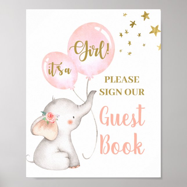 Baby Shower Girl Elephant Guest Bok Poster (Framsidan)