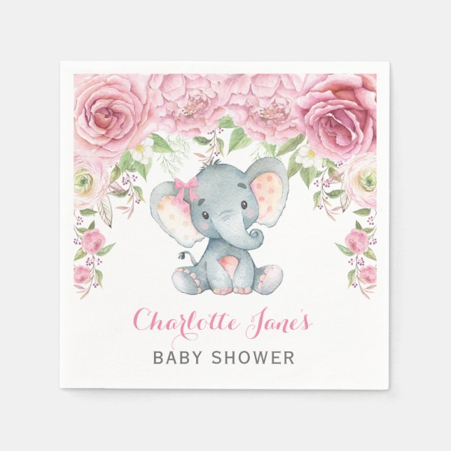 Baby Shower Girl Elephant Pappersservett Rosa Blom (Framsidan)