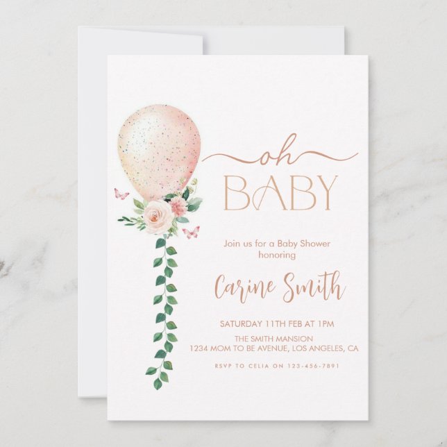 Baby Shower Girl Eucalyptus Greenery Balloon Inbjudningar (Framsida)