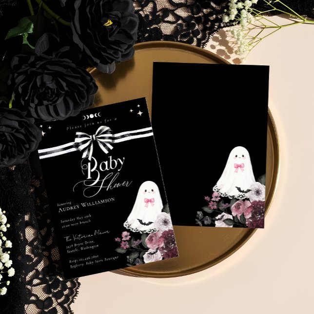 Baby Shower Girl Ghost Little Boo Blommigt Gothic  Inbjudningar (Gothic Halloween Skeleton Hand Rose Baby Shower Invitation)