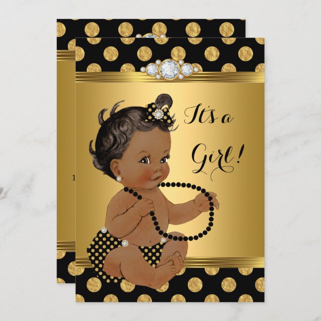 Baby Shower Girl Gold Foil Black Pearls Ethnic Inbjudningar (Fram/baksida)
