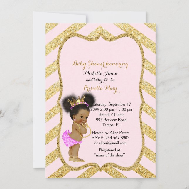 Baby Shower GIRL,golden chevron,white & guld_Ebony Inbjudningar (Framsida)