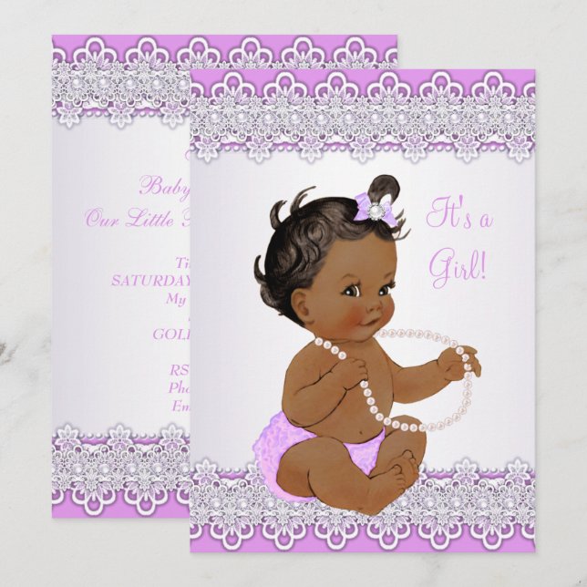 Baby Shower Girl Lavender Snöre Pearl Ethnic Inbjudningar (Fram/baksida)