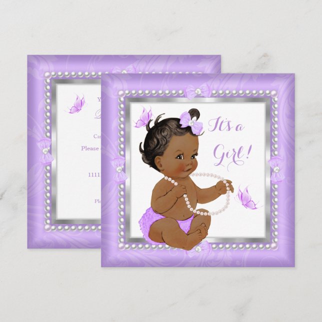 Baby Shower Girl Lila Pearl Butterfly Ethnic nic Inbjudningar (Fram/baksida)