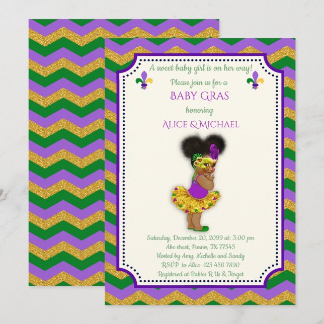 Baby Shower Girl, Mardi Gras Girl, guld, chevron Inbjudningar (Fram/baksida)