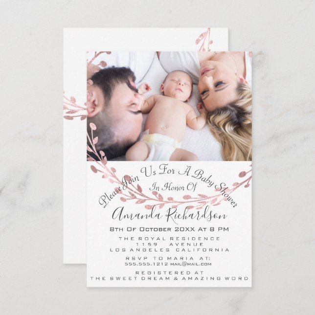 Baby Shower Girl Photo Vit ros Wandan Inbjudningar (Fram/baksida)