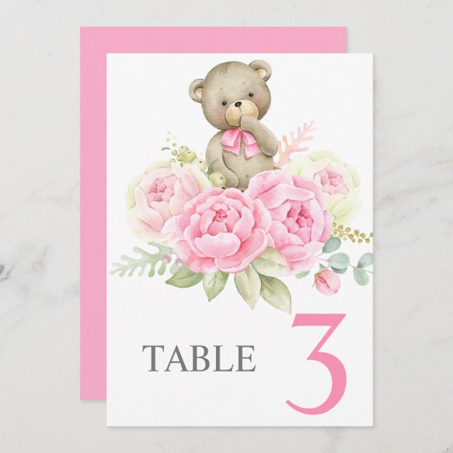 Baby Shower Girl Pink BearTable sign Inbjudningar (Fram/baksida)