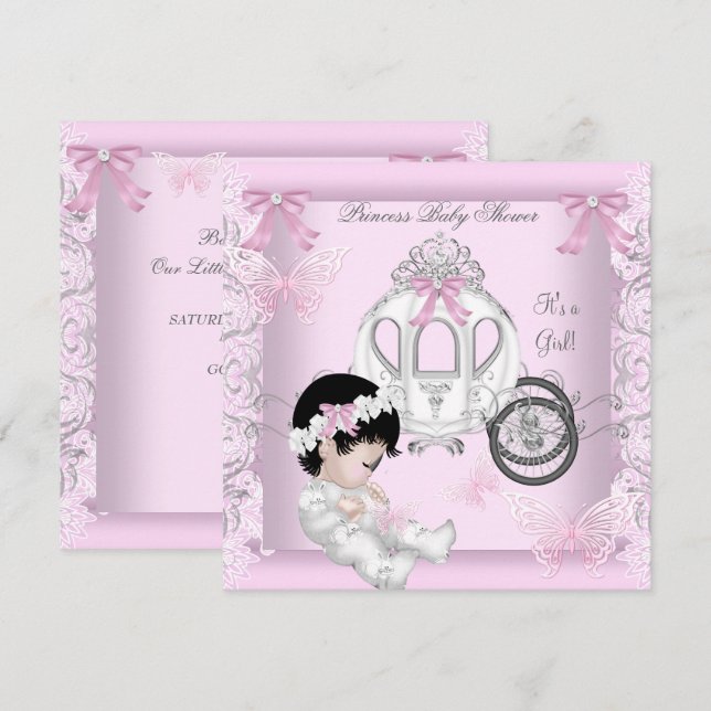 Baby Shower Girl Princess Carriage Butterfly Inbjudningar (Fram/baksida)