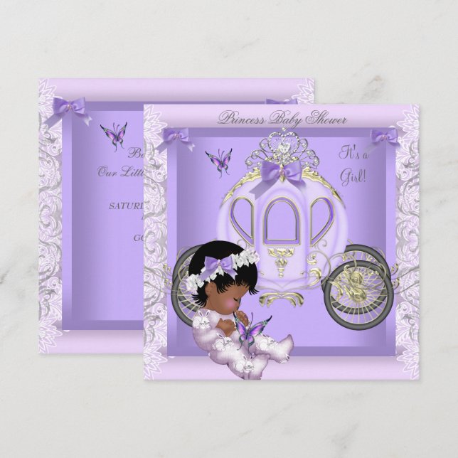 Baby Shower Girl Princess Carriage Lavender 3 Inbjudningar (Fram/baksida)