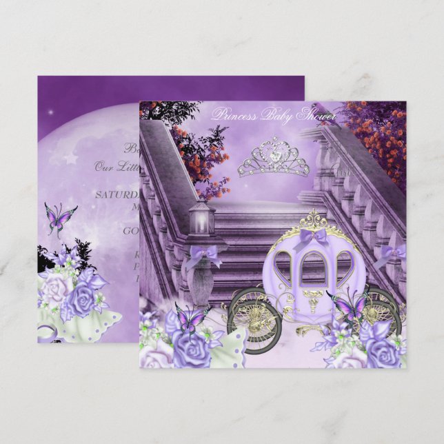 Baby Shower Girl Princess Carriage Lavender Inbjudningar (Fram/baksida)