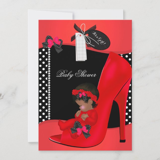 Baby Shower Girl Red Baby Shoe Polka dots 2B Inbjudningar (Framsida)