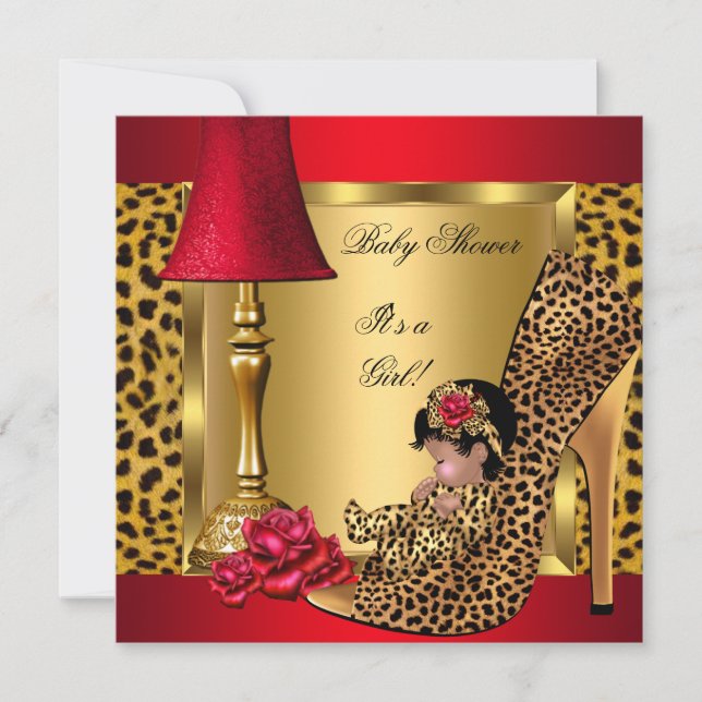 Baby Shower Girl Red Guld Ro Leopard Shoe AA Inbjudningar (Framsida)