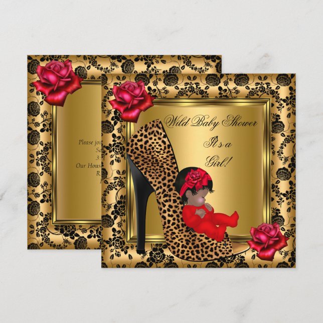 Baby Shower Girl Röd ros Guld Vild Leopard 4 Inbjudningar (Fram/baksida)
