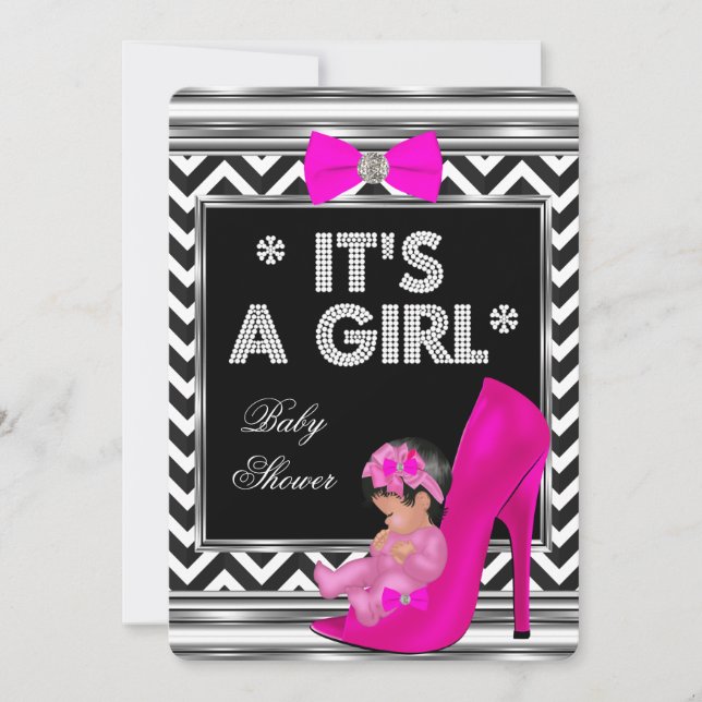 Baby Shower Girl Rosa Baby Shoe Chevron Inbjudningar (Framsida)