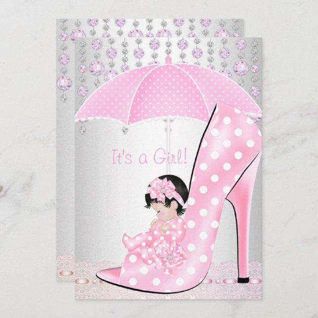 Baby Shower Girl Rosa Baby Shoe Diamond 2 Inbjudningar (Fram/baksida)