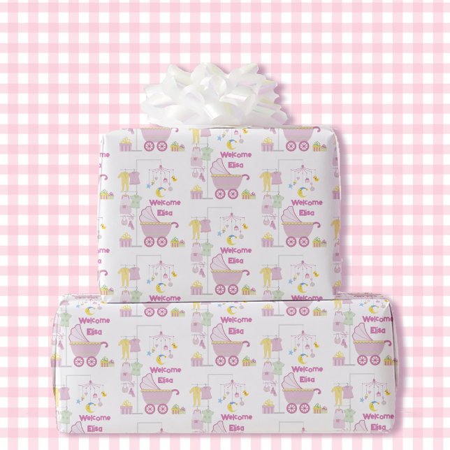 Baby Shower Girl Rosa Bassinet Add Namn & Text Presentpapper (Skapare uppladdad)