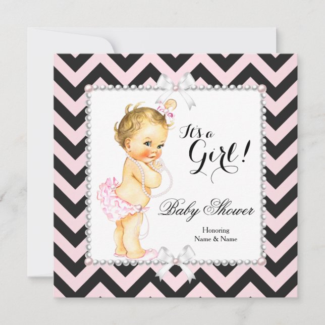 Baby Shower Girl Rosa Black Rand White Blonde Inbjudningar (Framsida)