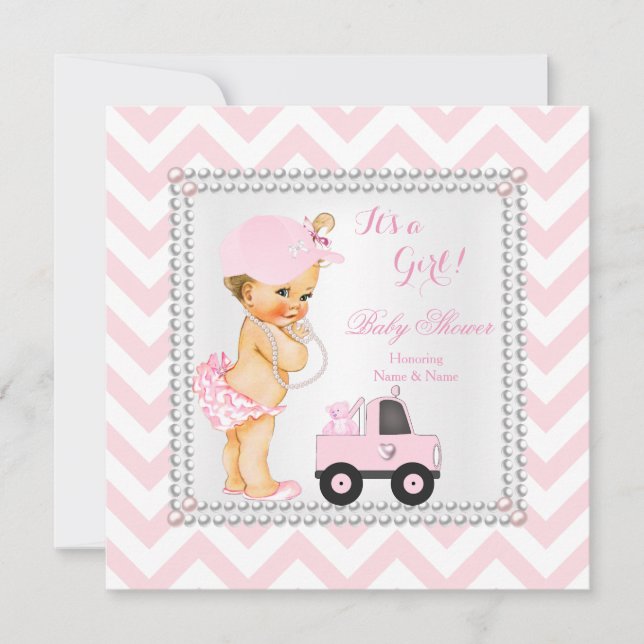 Baby Shower Girl Rosa Cap Lastbil Bear Blonde Inbjudningar (Framsida)