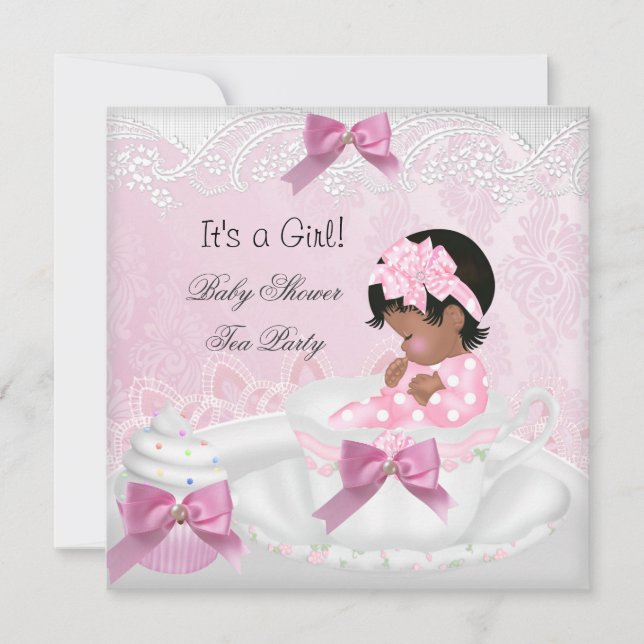 Baby Shower Girl Rosa Cute Baby Tekopp Cupaka 3 Inbjudningar (Framsida)