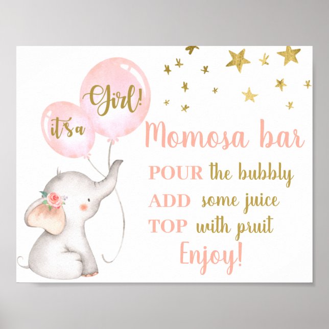 Baby Shower Girl Rosa Elephant Momosa Sign Poster (Framsidan)