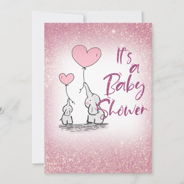 Baby Shower Girl Rosa Gradient Glitter Elephants Inbjudningar (Framsida)