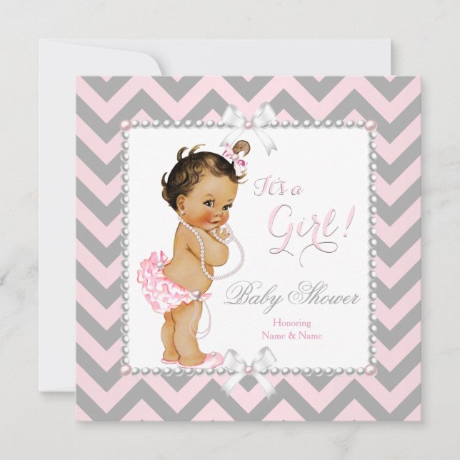 Baby Shower Girl Rosa Grått Rand White Brunette Inbjudningar (Framsida)