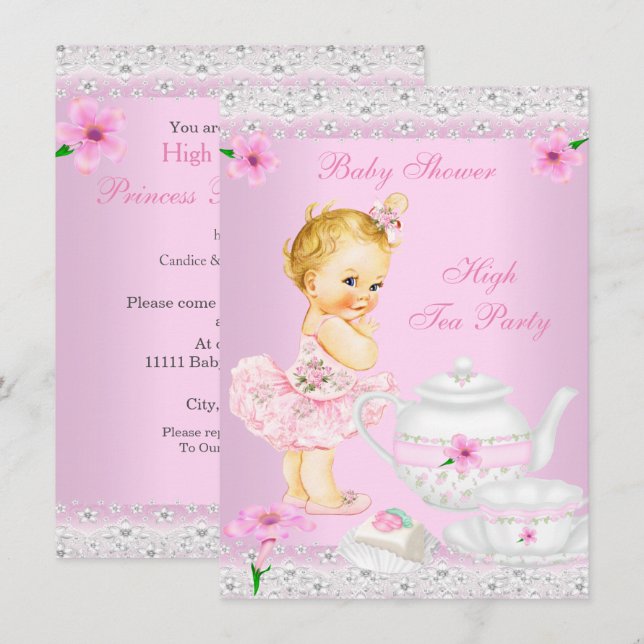 Baby Shower Girl Rosa High Tea Party Blonde Inbjudningar (Fram/baksida)