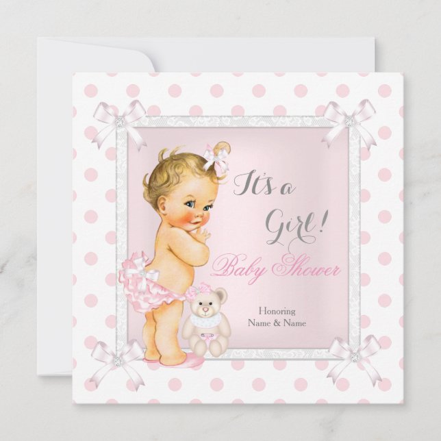 Baby Shower Girl Rosa Leksak Polka Dot Blonde Inbjudningar (Framsida)