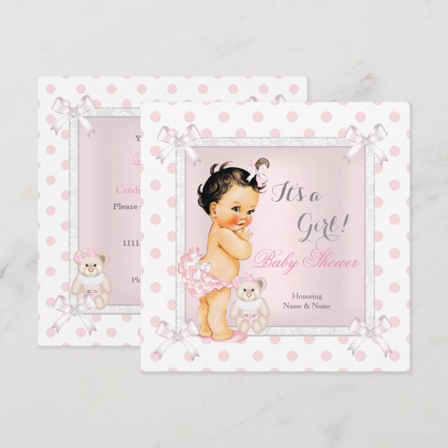 Baby Shower Girl Rosa Leksak Polka Dot Brunette Inbjudningar (Fram/baksida)