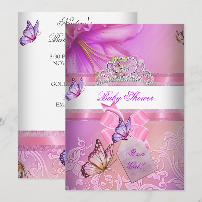 Baby Shower Girl Rosa Lila Princess Butterfly 2 Inbjudningar (Fram/baksida)