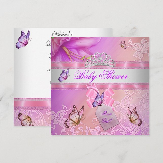 Baby Shower Girl Rosa Lila Princess Butterfly Inbjudningar (Fram/baksida)