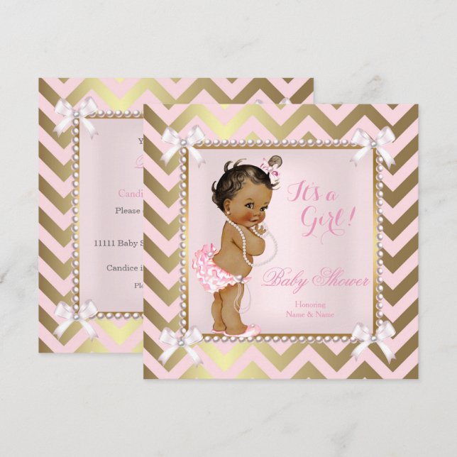 Baby Shower Girl Rosa Pearl Guld Chevron Ethnic ni Inbjudningar (Fram/baksida)