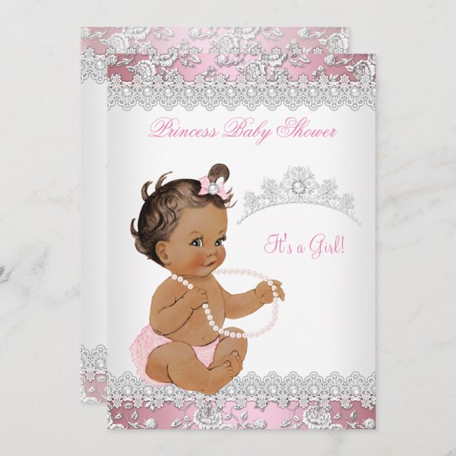 Baby Shower Girl Rosa Pearl Silver Ro Brunette Inbjudningar (Fram/baksida)