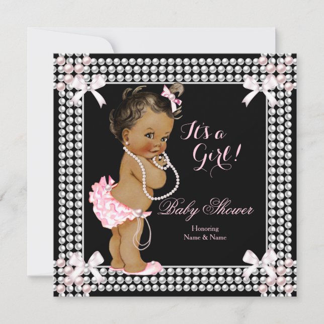 Baby Shower Girl Rosa Pearls Black Ethnic Inbjudningar (Framsida)