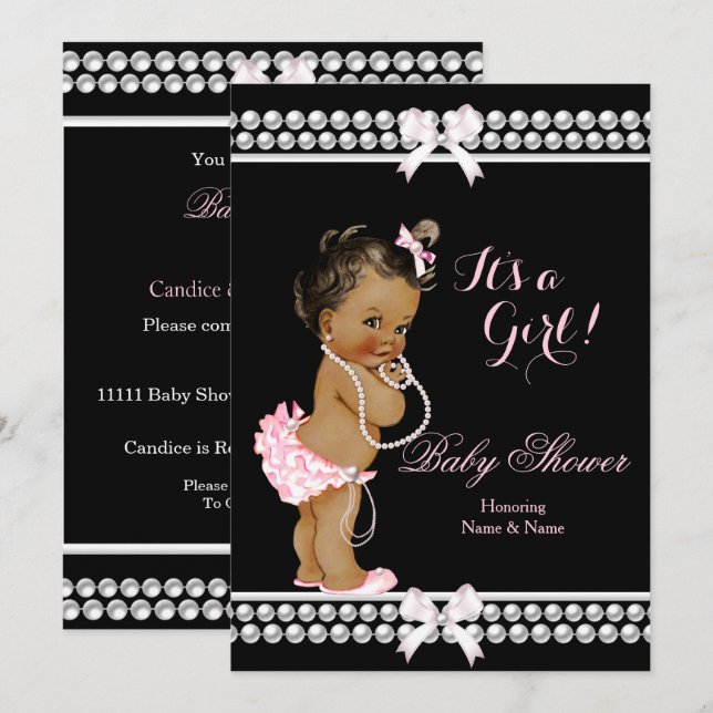 Baby Shower Girl Rosa Pearls Black Ethnic Inbjudningar (Fram/baksida)